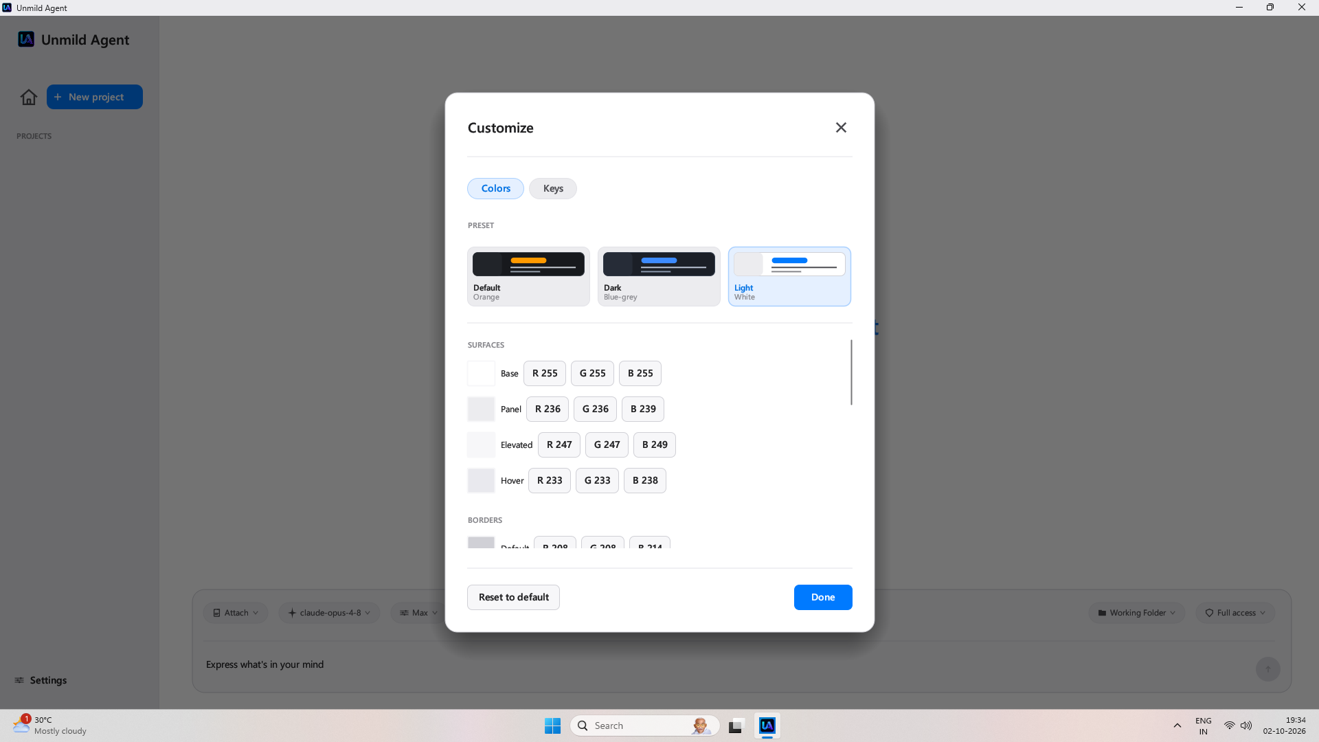 Custom colors panel in settings